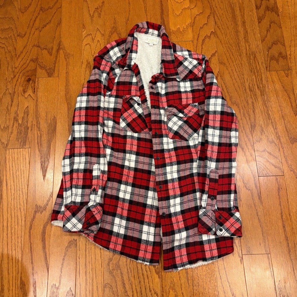 Ci Sono by Cavalini Red Plaid Sherpa Lined Flannel Shirt Jacket Shacket L